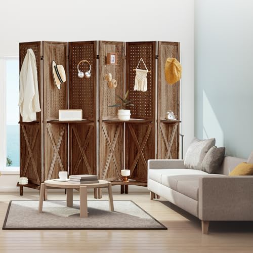 Brown Wooden Pegboard Room Divider with 16 Hooks B557