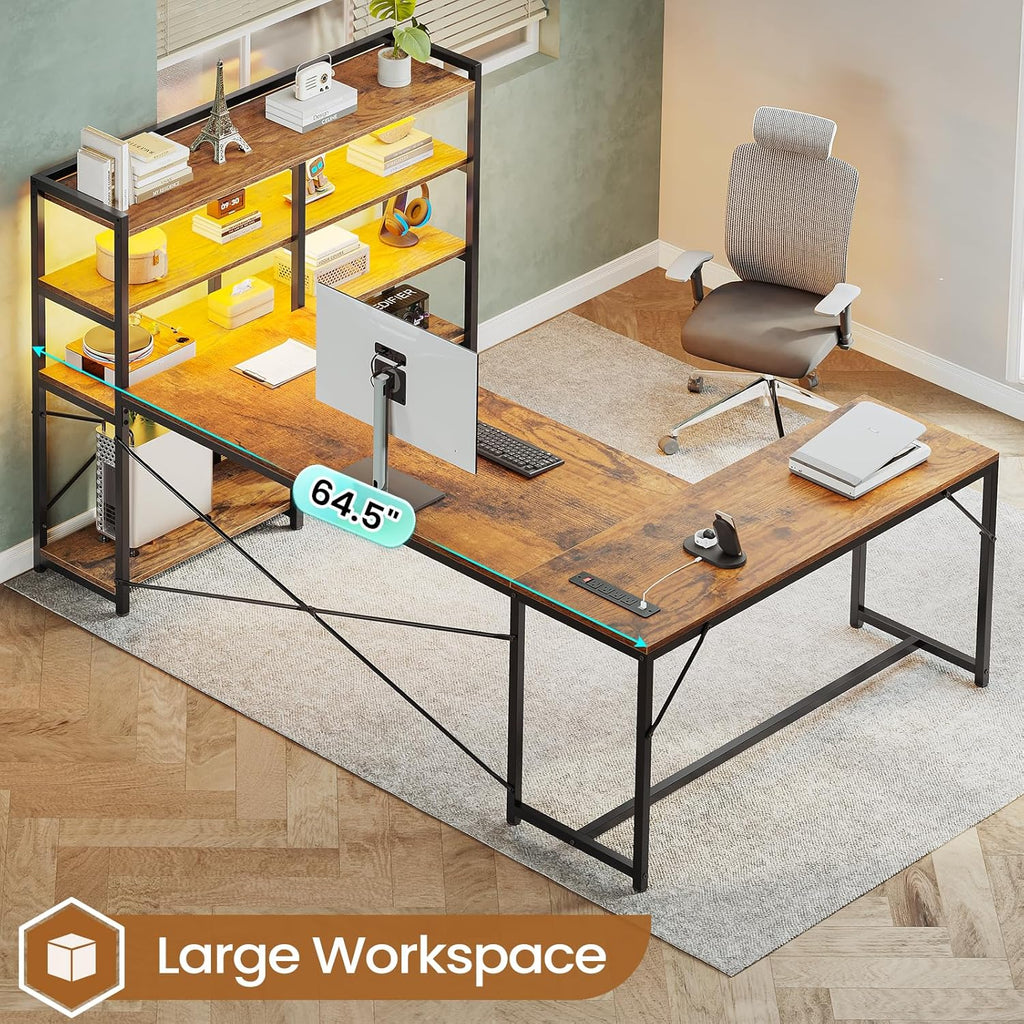 Rustic Brown L Shaped Computer Desk with Storage Shelves & Power Outlet Z50161
