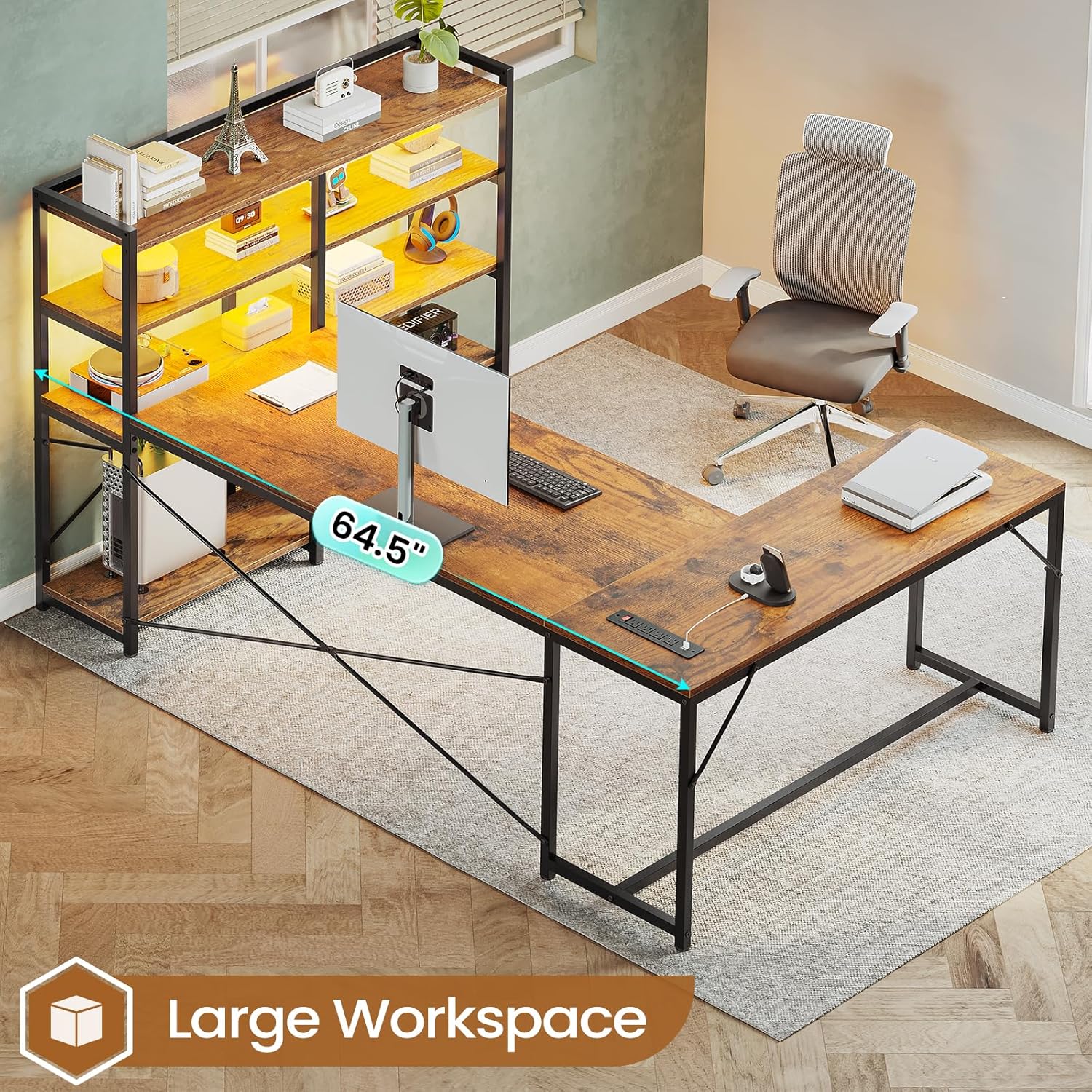 Rustic Brown L Shaped Computer Desk with Storage Shelves & Power Outlet Z50161