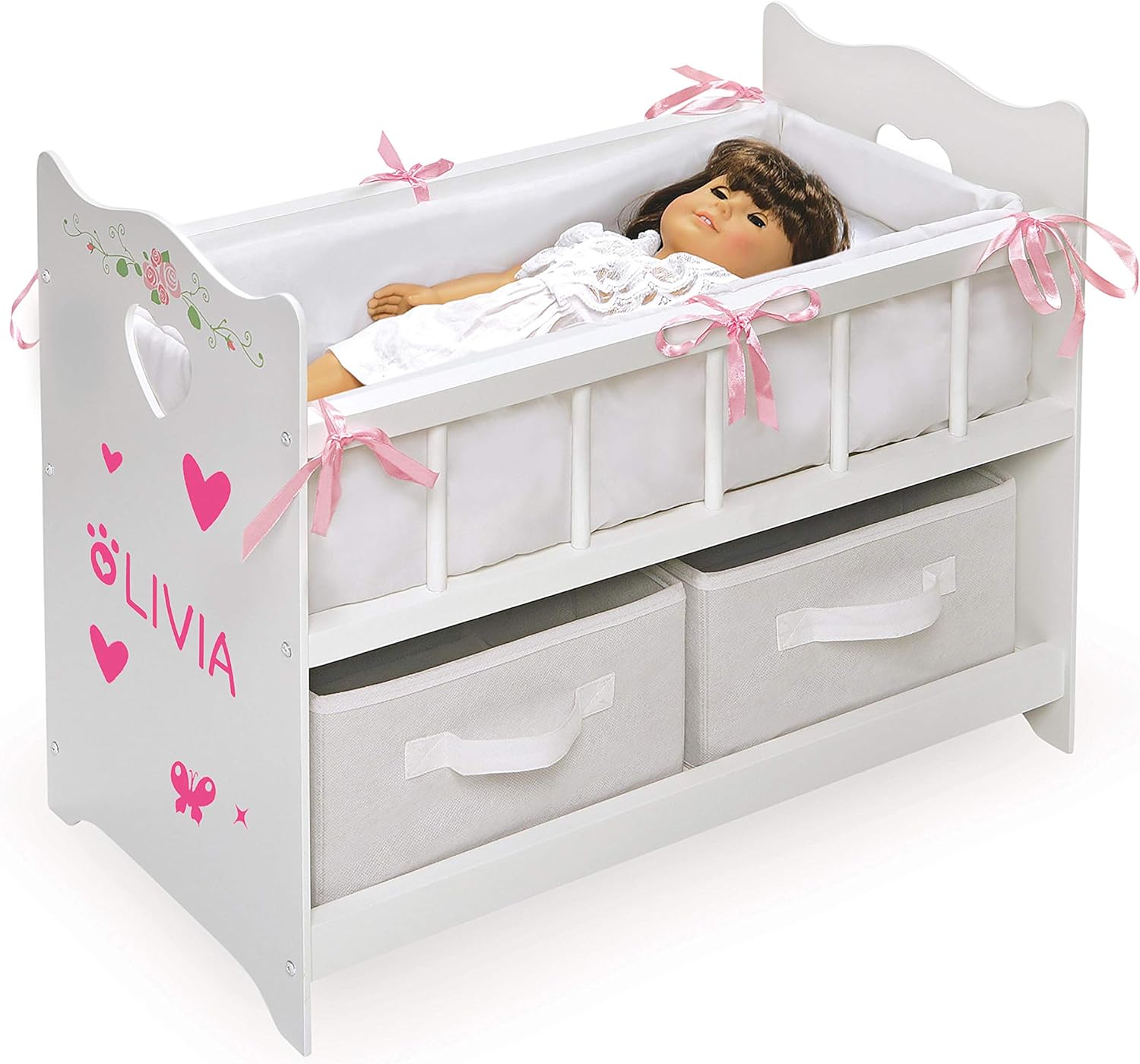 Toy Doll Bed with White Bedding and Storage Baskets W441243