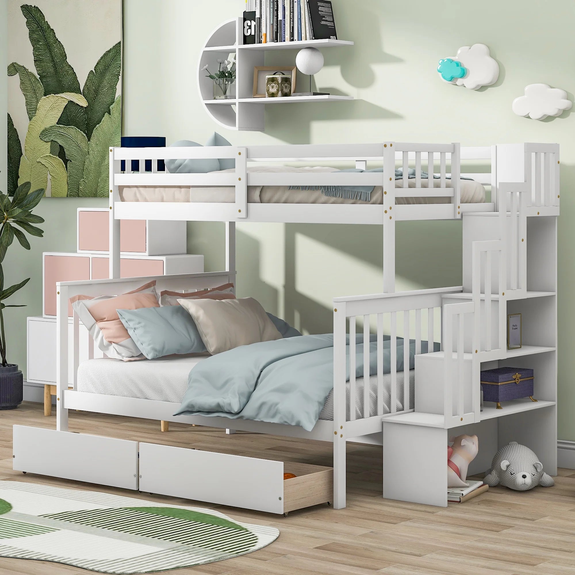 White Twin Bunk Bed with 2 Drawers and Stairs B707