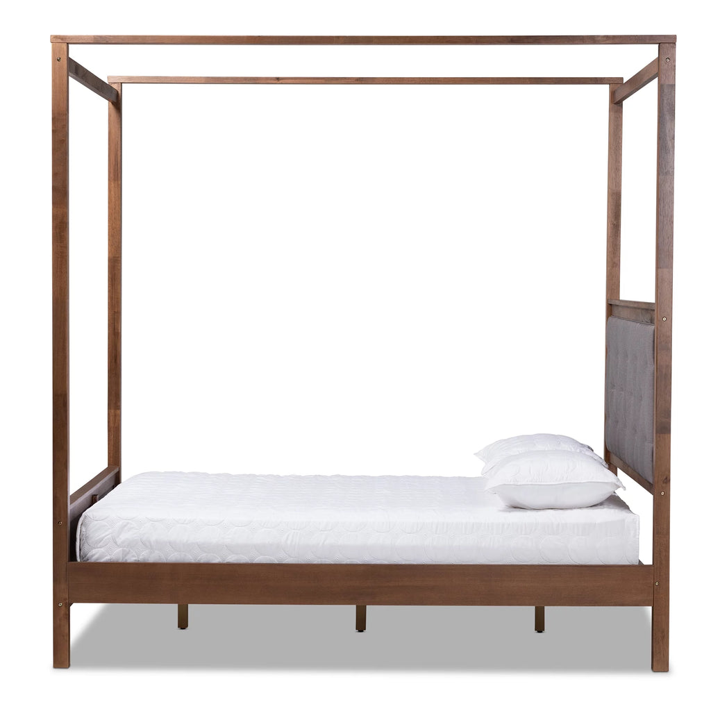 Queen Size Grey Fabric Upholstered Wood Platform Canopy Bed Y276
