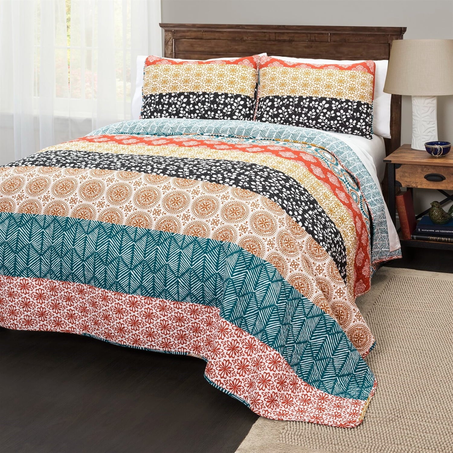 Teal Orange Bohemian Stripe 3 Piece Reversible Cotton Quilt Set P839492
