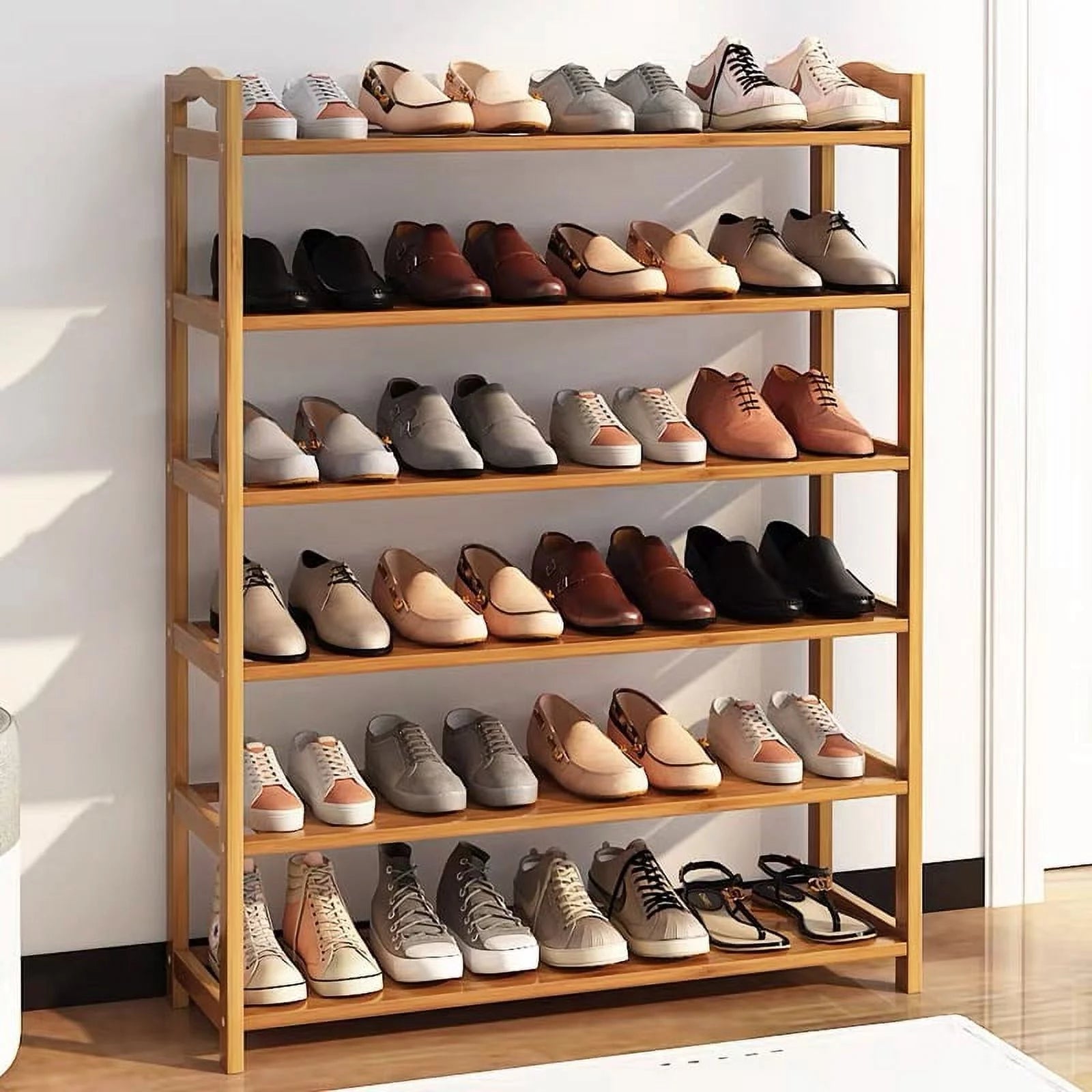 6 Tiers Bamboo Shoe Storage Rack, 18-24 Pairs, Wood Color U2843
