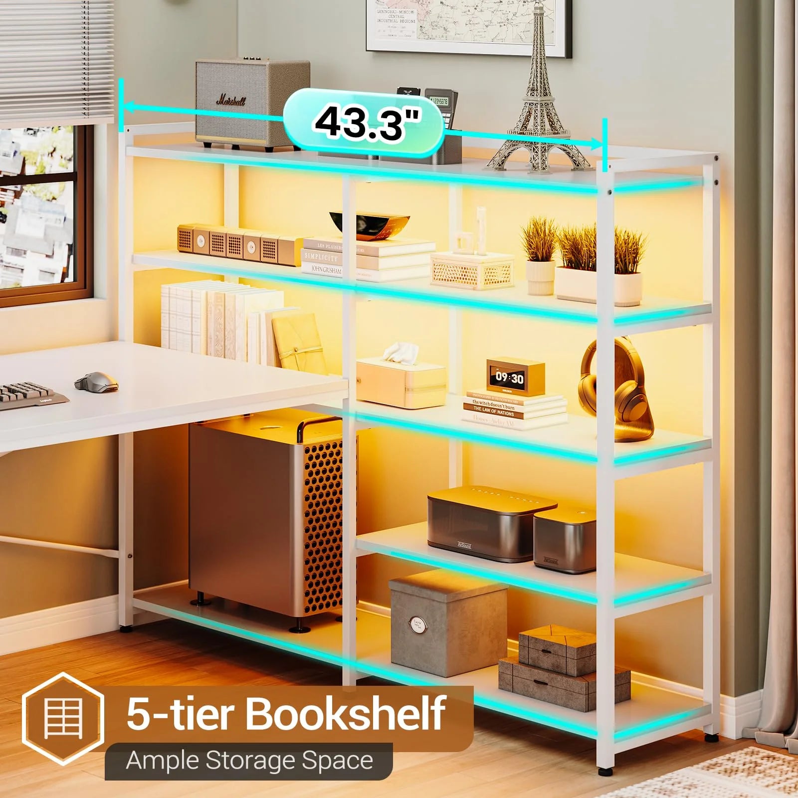 White L Shaped Computer Desk with Power Outlet and Storage Shelves T815744