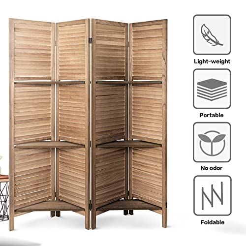 4 Panel Brown Wood Room Divider with Shelves M171