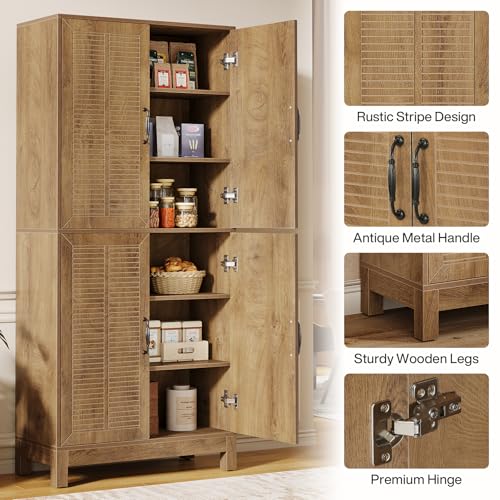 70" Tall Kitchen Pantry Cabinet with Adjustable Shelves, 6-Tier Storage Cabinet with Doors and Shelves, Rustic Brown J383