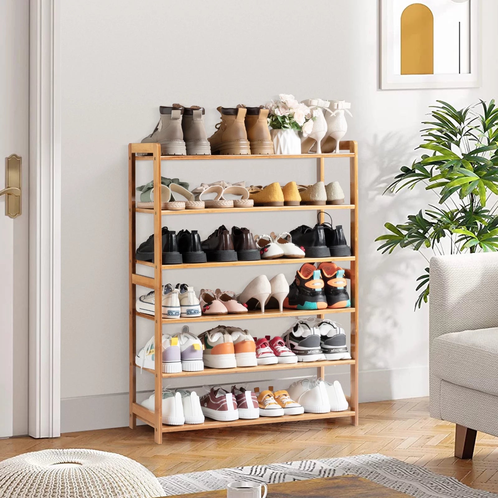 6 Tiers Bamboo Shoe Storage Rack, 18-24 Pairs, Wood Color U2843