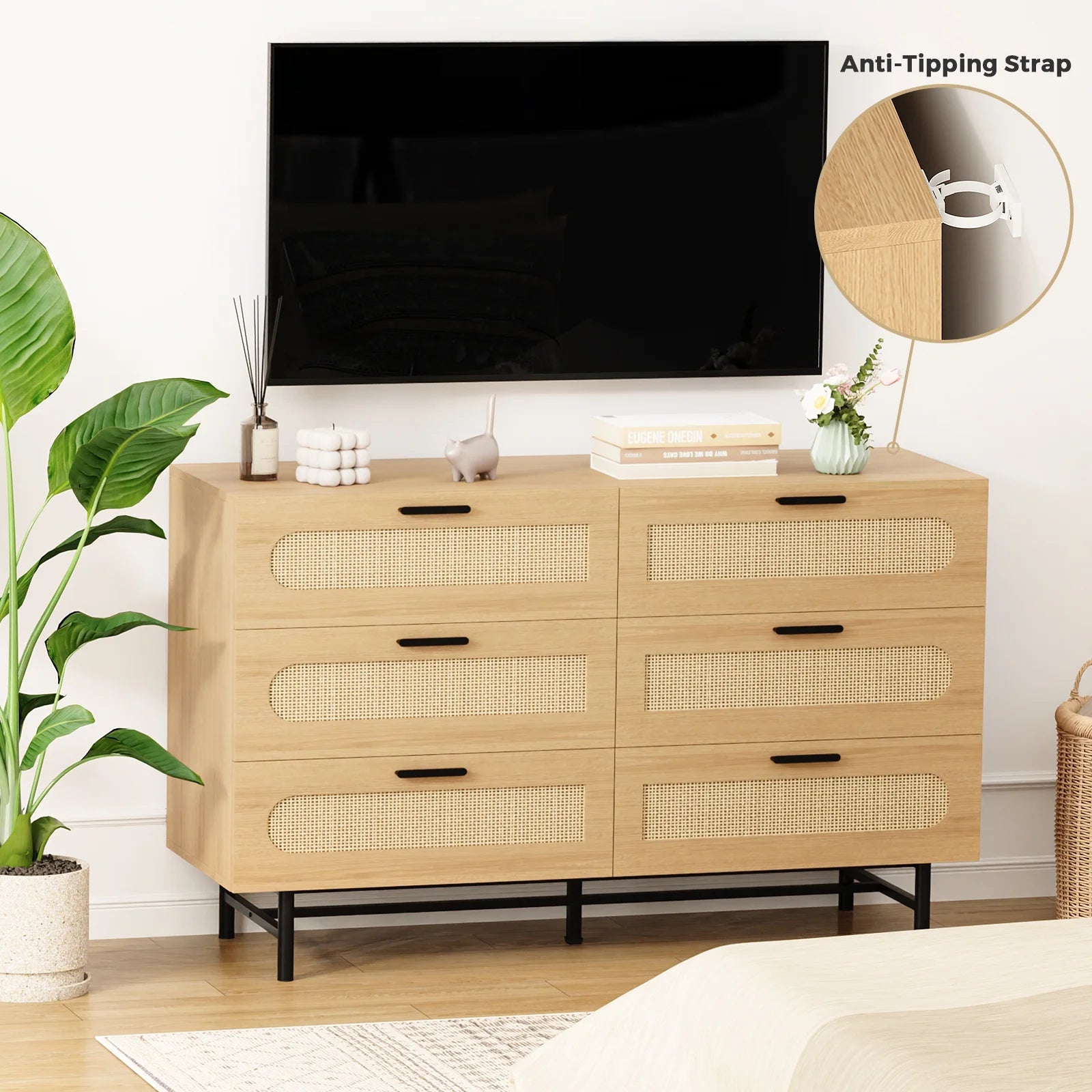 6 Drawer Natural Rattan Wood Dresser N33121