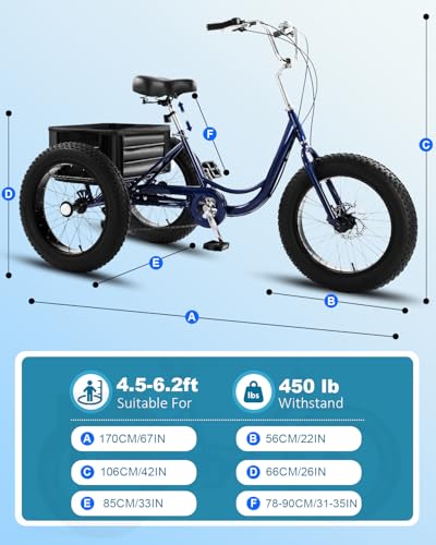 Fat Tire Adult Tricycle, Heavy-Duty 450lb All-Terrain 3-Wheel Bike, 7-Speed, XL Cargo Basket, Dual Disc Brakes M190113