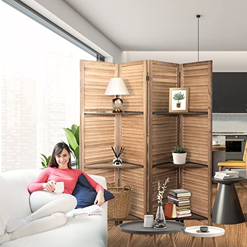 4 Panel Brown Wood Room Divider with Shelves M171