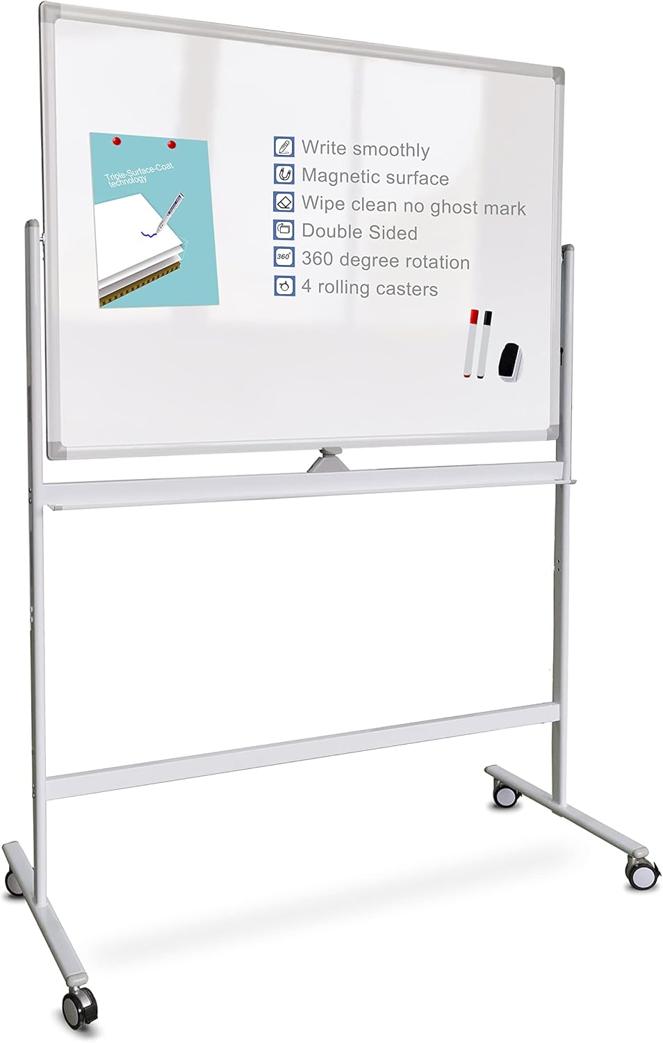 Mobile Double Sided Whiteboard 36 x 71 Inches with Aluminum White Frame Y9675