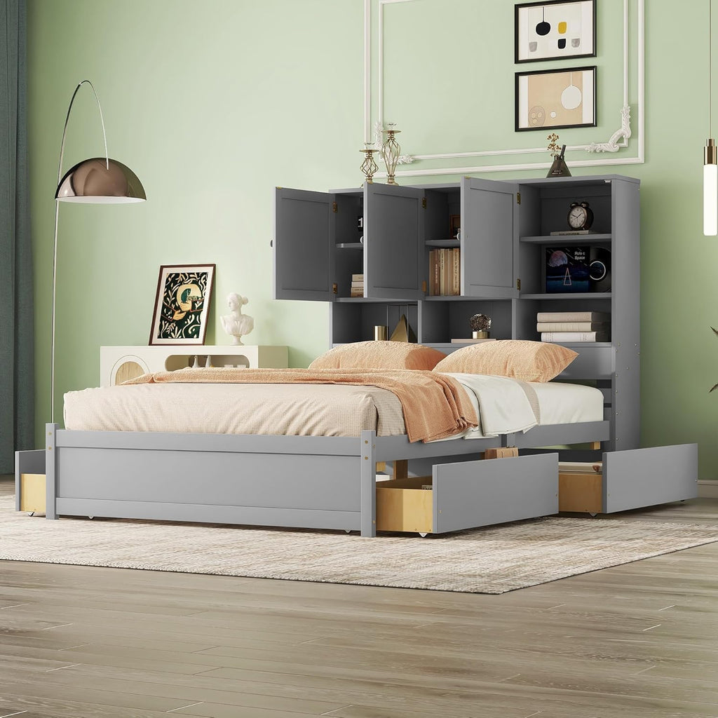 Gray Queen Size Wooden Platform Bedframe with Storage Headboard and 4 Drawers L31056