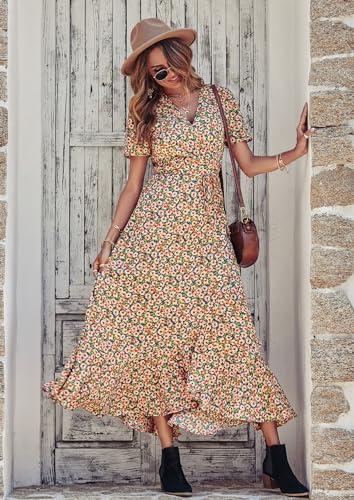 Women's Summer Wrap Maxi Dress Boho Floral V Neck Short Sleeve Ruffle Hem Split Beach Long Dresses M706792