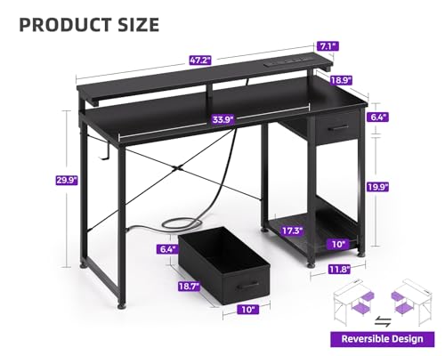 Black 48 Inch Gaming Desk with LED Lights, Power Outlet, Drawer, Monitor Shelf & Headphone Hook P47592