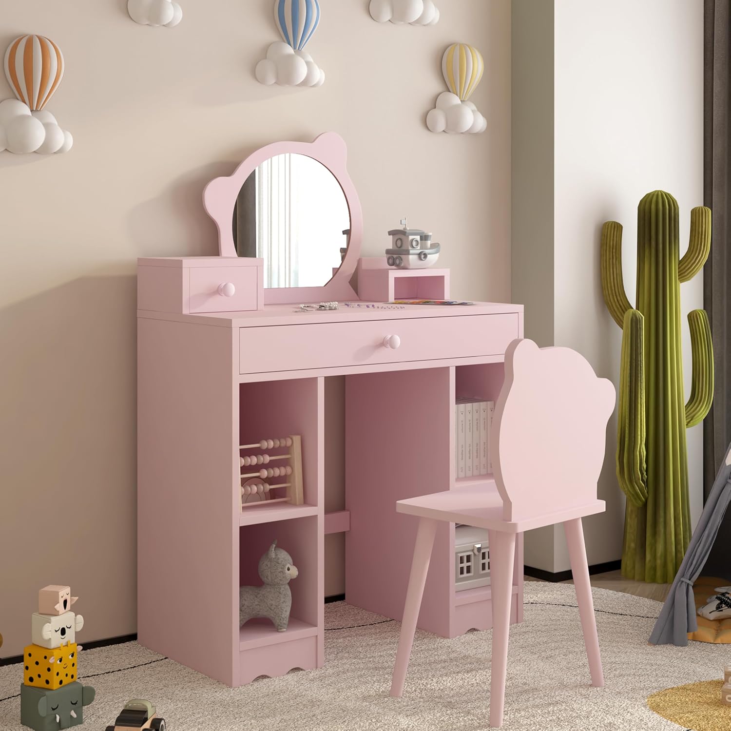 Pink Wooden Kids Vanity Set with Mirror and Stool V1530