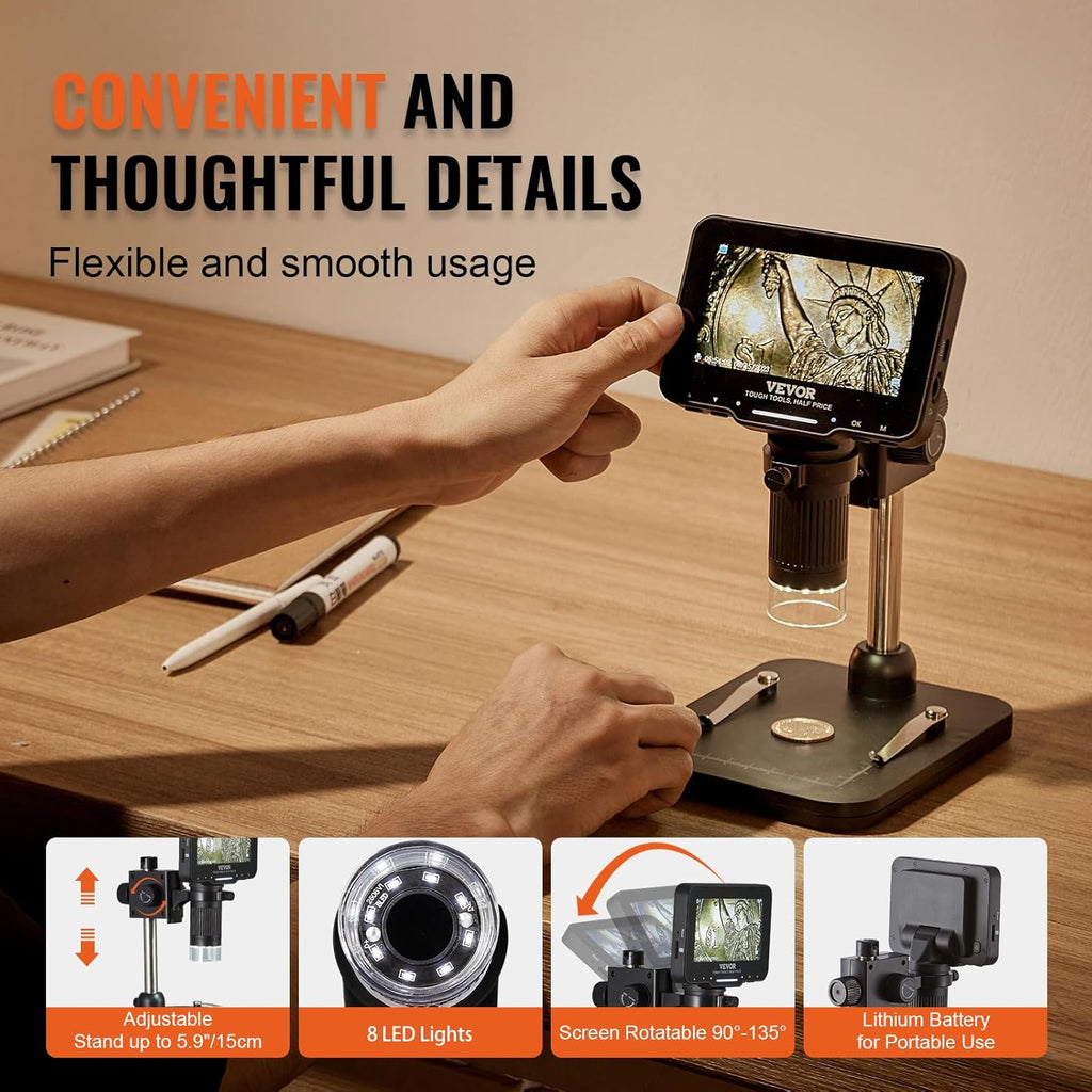 4.3" IPS Screen 50X-1000X Magnification LCD Digital Microscope with 8 LED Lights and 32GB SD Card X9759