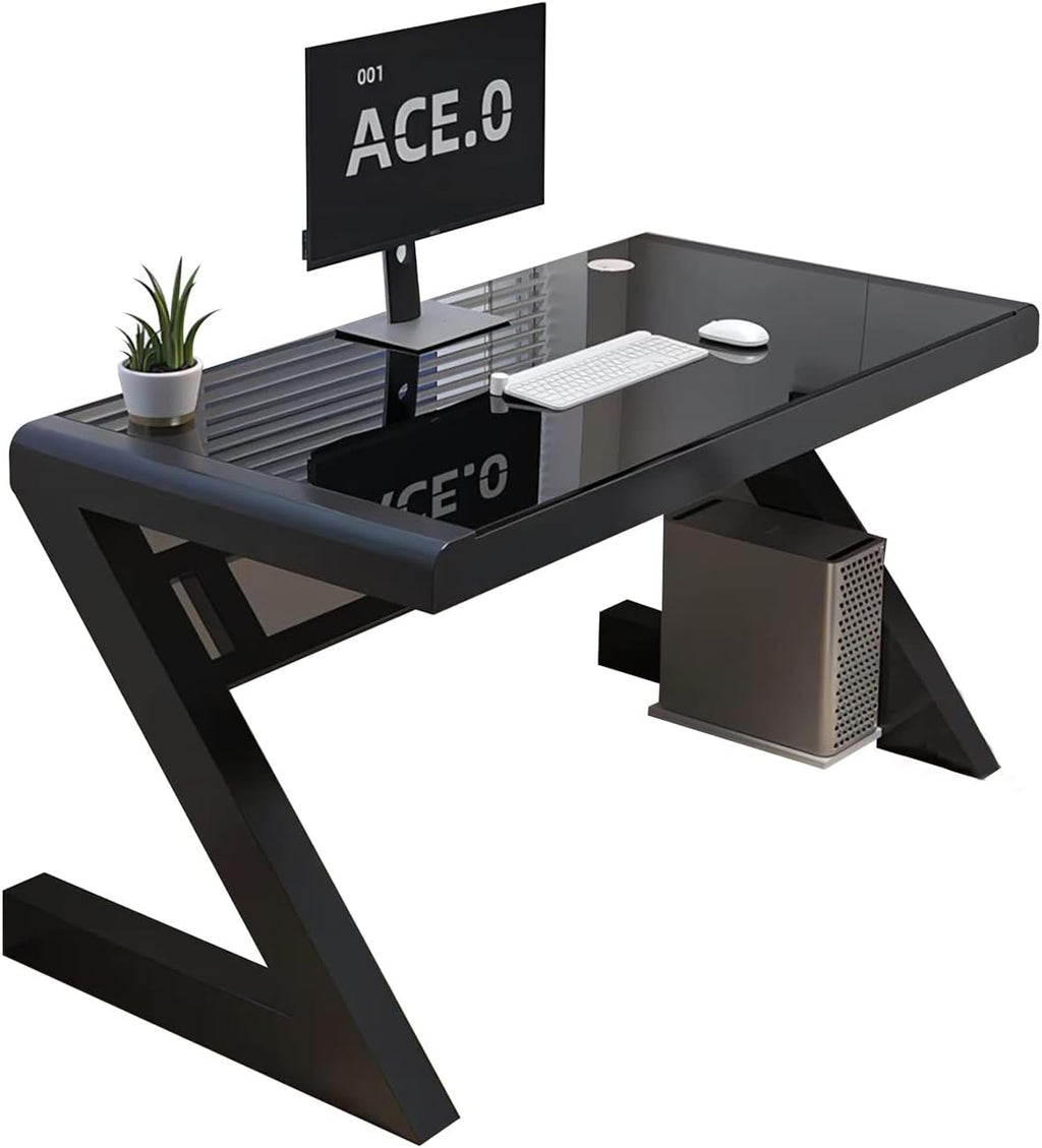 Black Tempered Glass Computer Desk with Threading Hole, 39.3 * 19.6'' Y622786