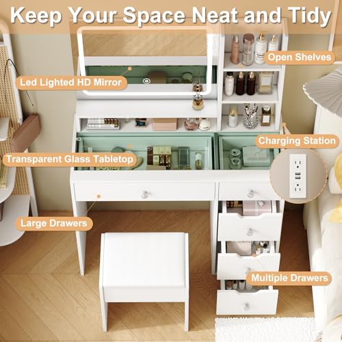 White Vanity Desk with Mirror and LED Lights, 5 Drawers, Stool T449769