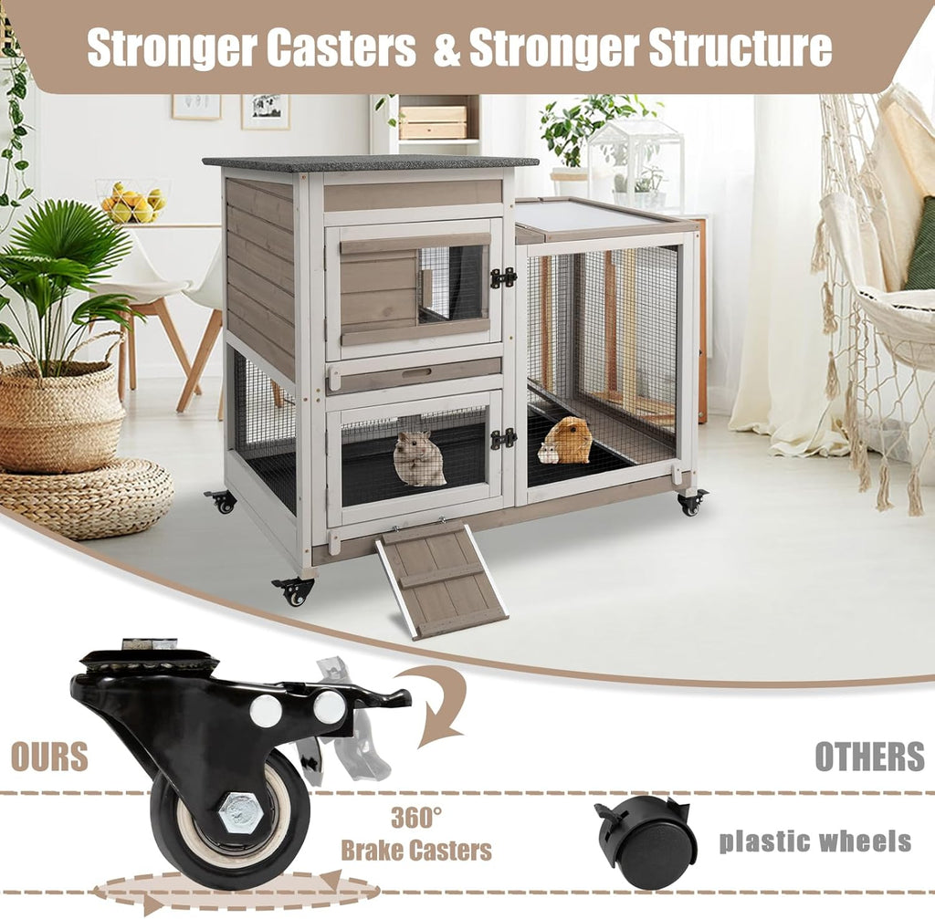 Grey Large 2 Story Wooden Guinea Pig Cage with 4 Metal Wheels and 2 Pull-Out Trays K853006