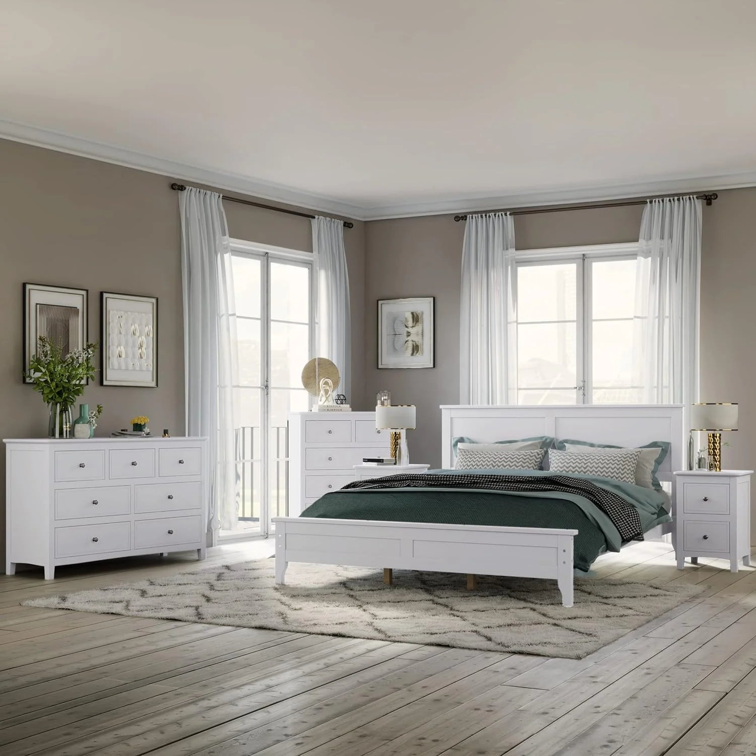 White Queen Size 5 Piece Wood Bedroom Furniture Set R175331