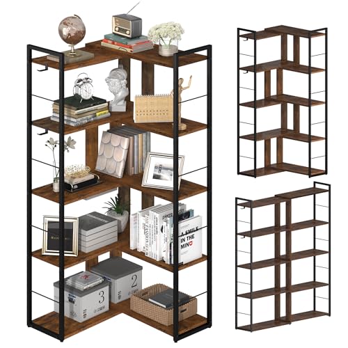 5 Tier Corner Bookshelf with 2 Hooks Adjustable Shelves Rustic Brown I4155