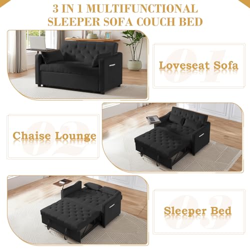 Grey Velvet Convertible Sleeper Sofa with Pull Out Bed S3382