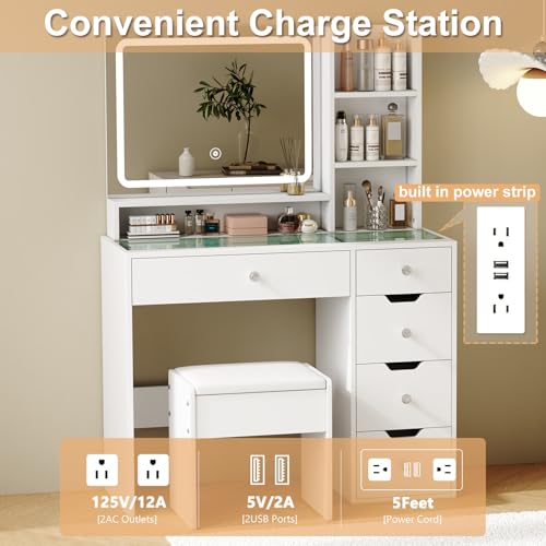 White Vanity Desk with Mirror and LED Lights, 5 Drawers, Stool T449769