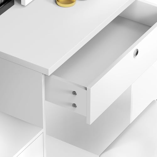 White Vanity Desk with Sliding Mirror and Lights, 4 Drawers X50792