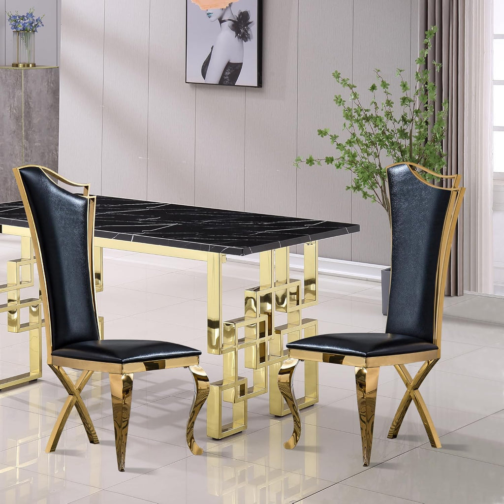 70" Black Gold Marble Dining Table Set with 6 PU Leather Chairs T72128