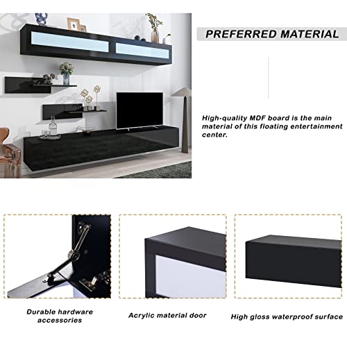 Black High Gloss Wall Mount Floating TV Stand with Four Media Storage Cabinets and Two Shelves F595409