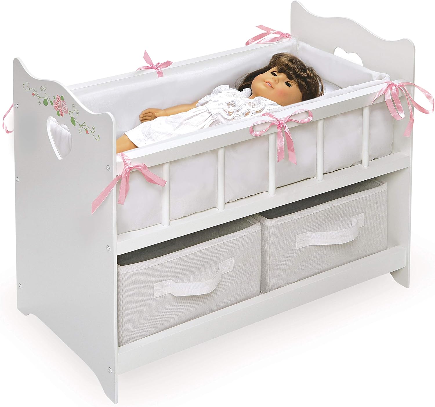 Toy Doll Bed with White Bedding and Storage Baskets W441243