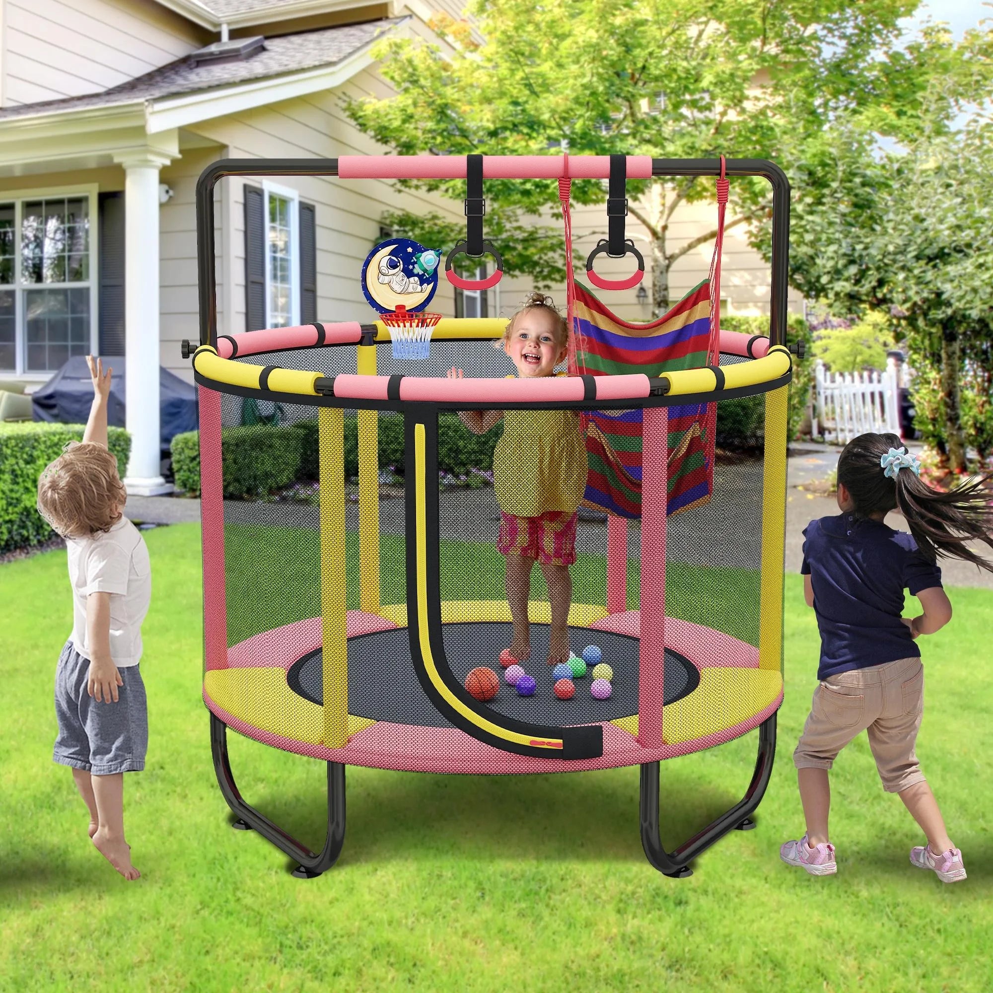Mini Trampoline with Enclosure and Basketball Hoop D305