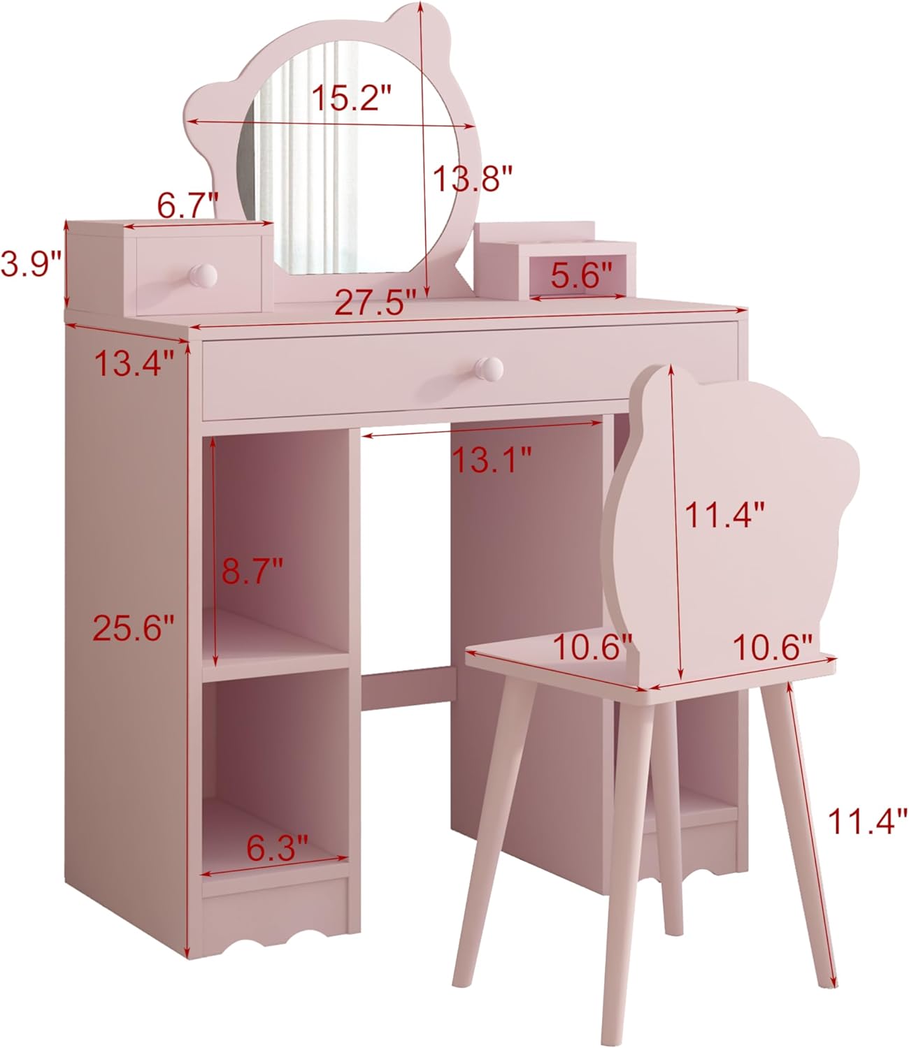 Pink Wooden Kids Vanity Set with Mirror and Stool V1530