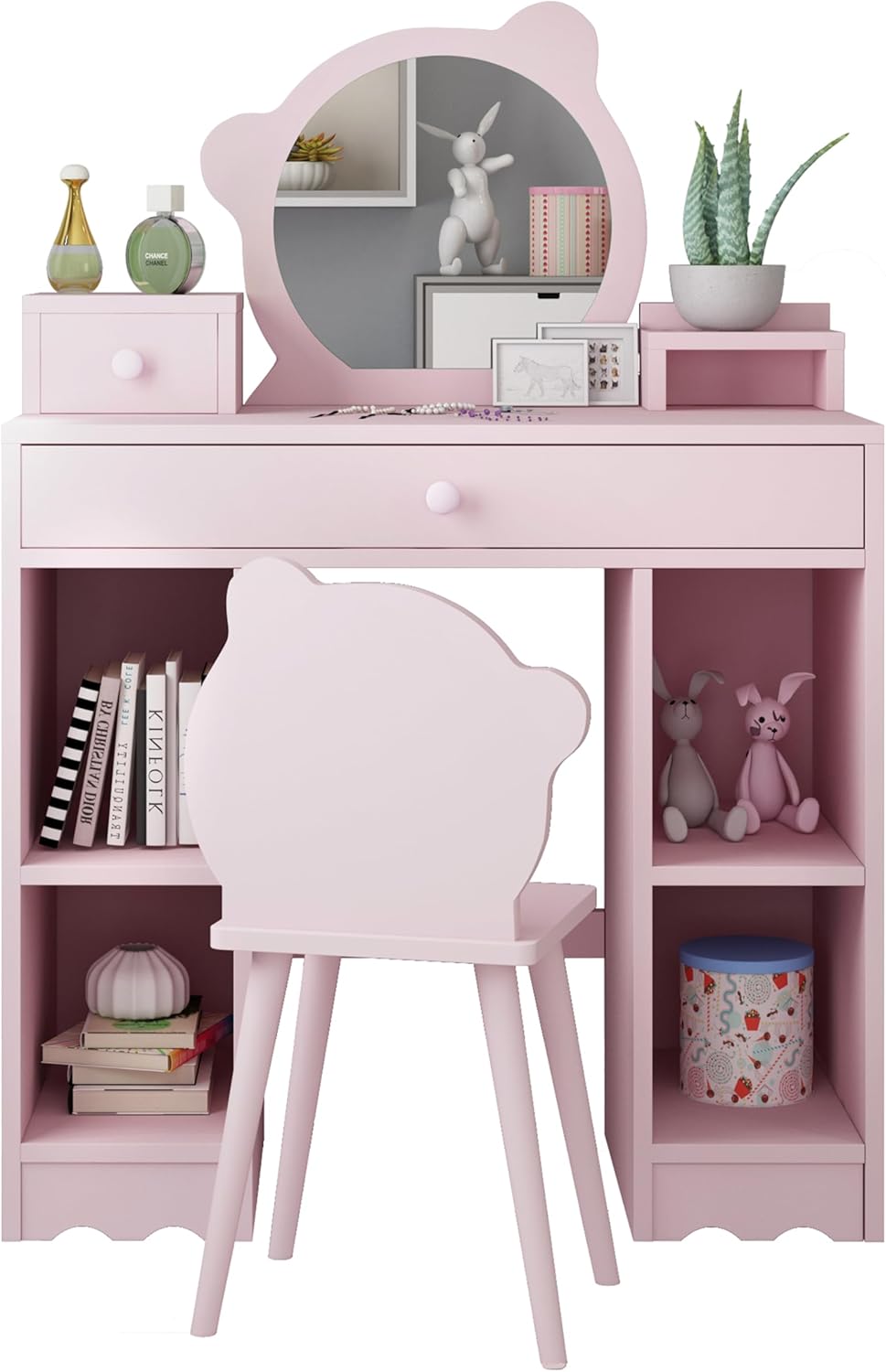 Pink Wooden Kids Vanity Set with Mirror and Stool V1530