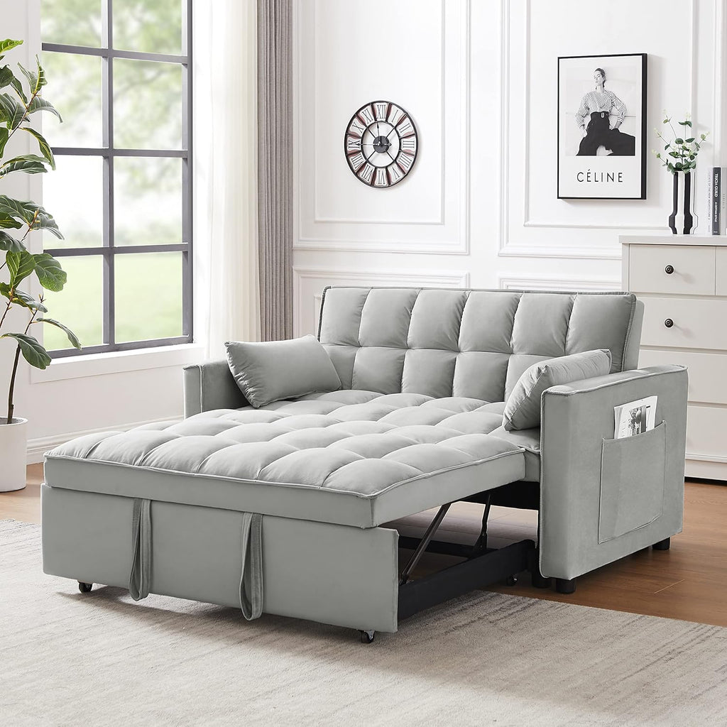 Gray Velvet Convertible Sofa Bed with Pullout Bed J8563