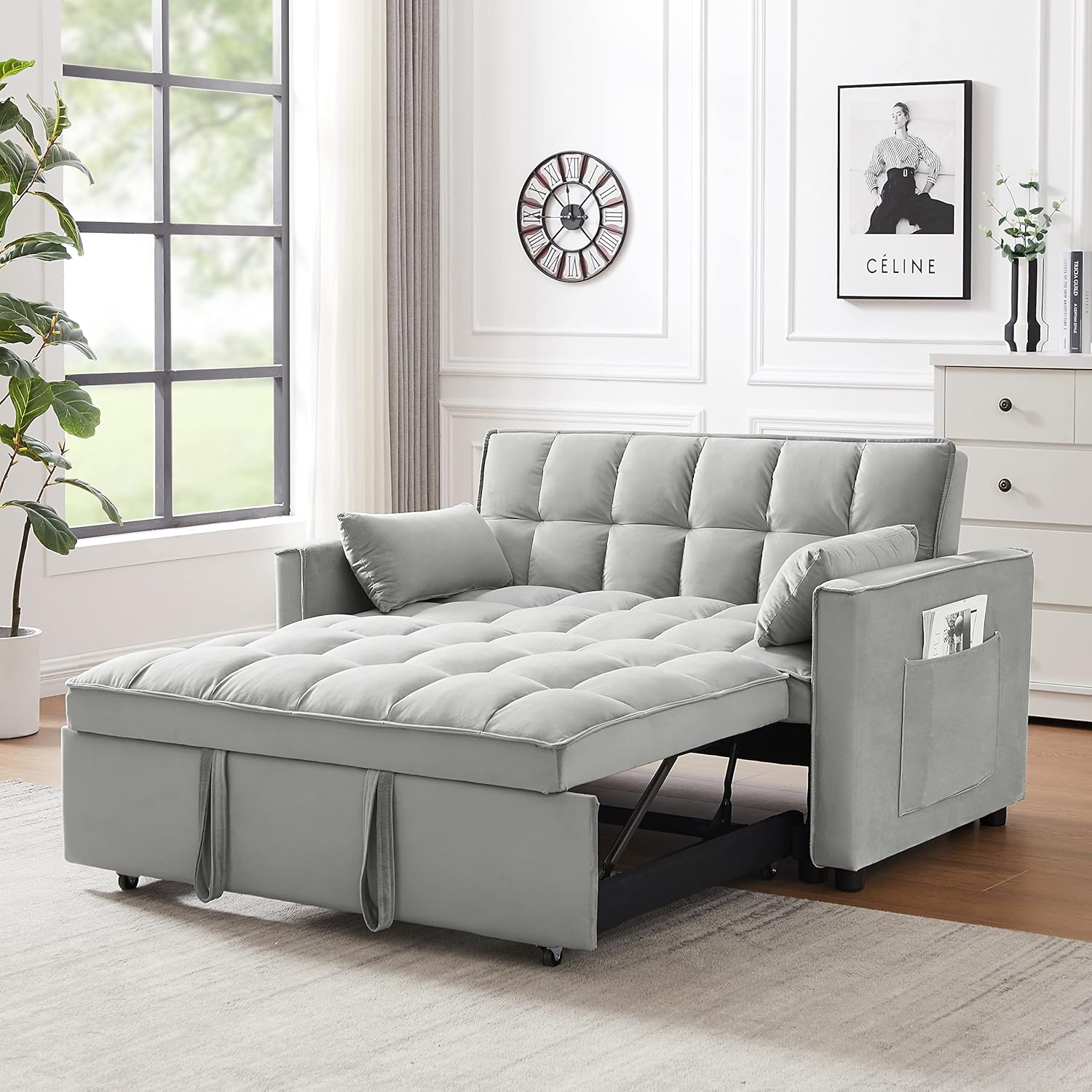 Gray Velvet Convertible Sofa Bed with Pullout Bed J8563