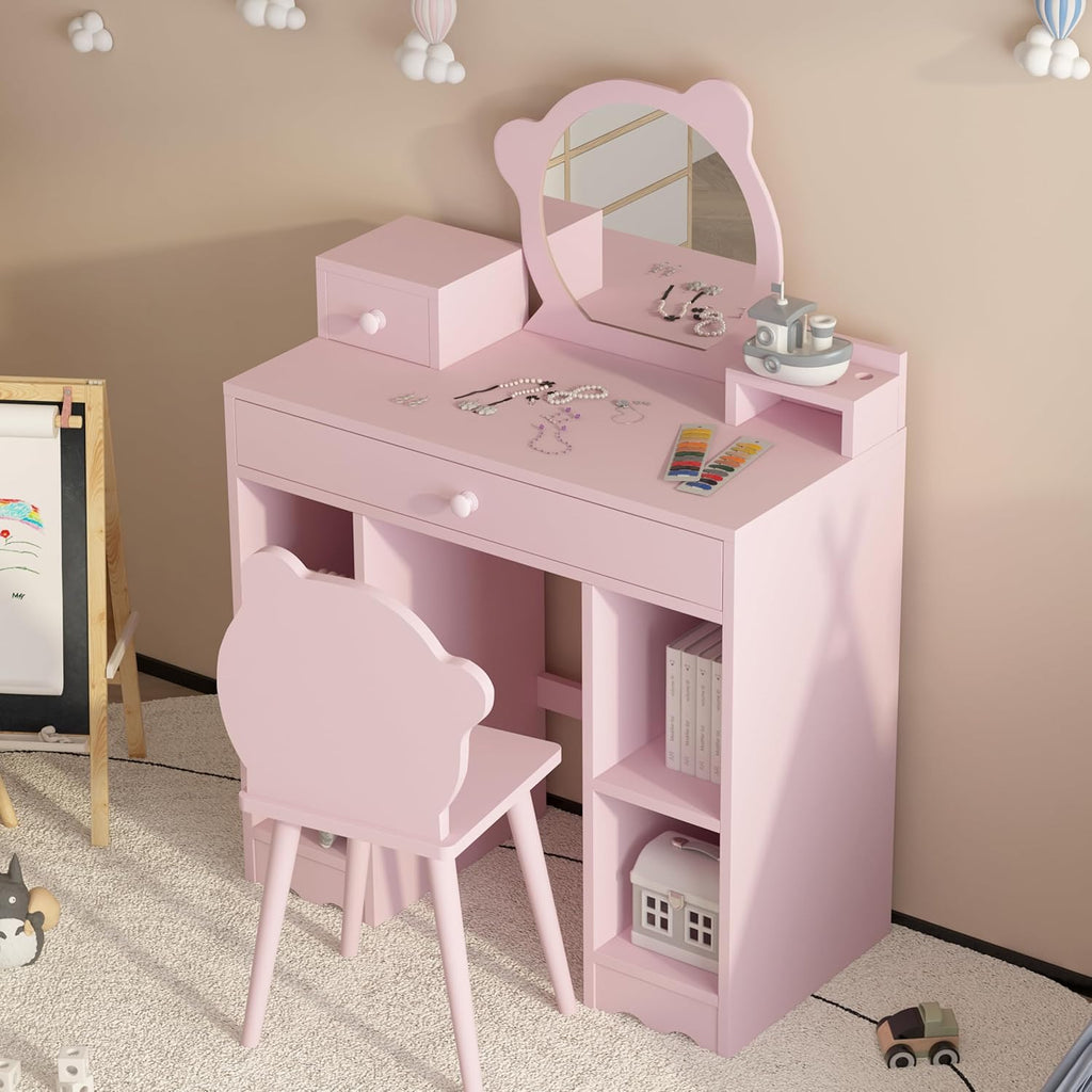 Pink Wooden Kids Vanity Set with Mirror and Stool V1530