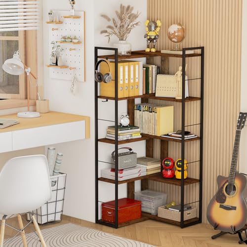 5 Tier Corner Bookshelf with 2 Hooks Adjustable Shelves Rustic Brown I4155