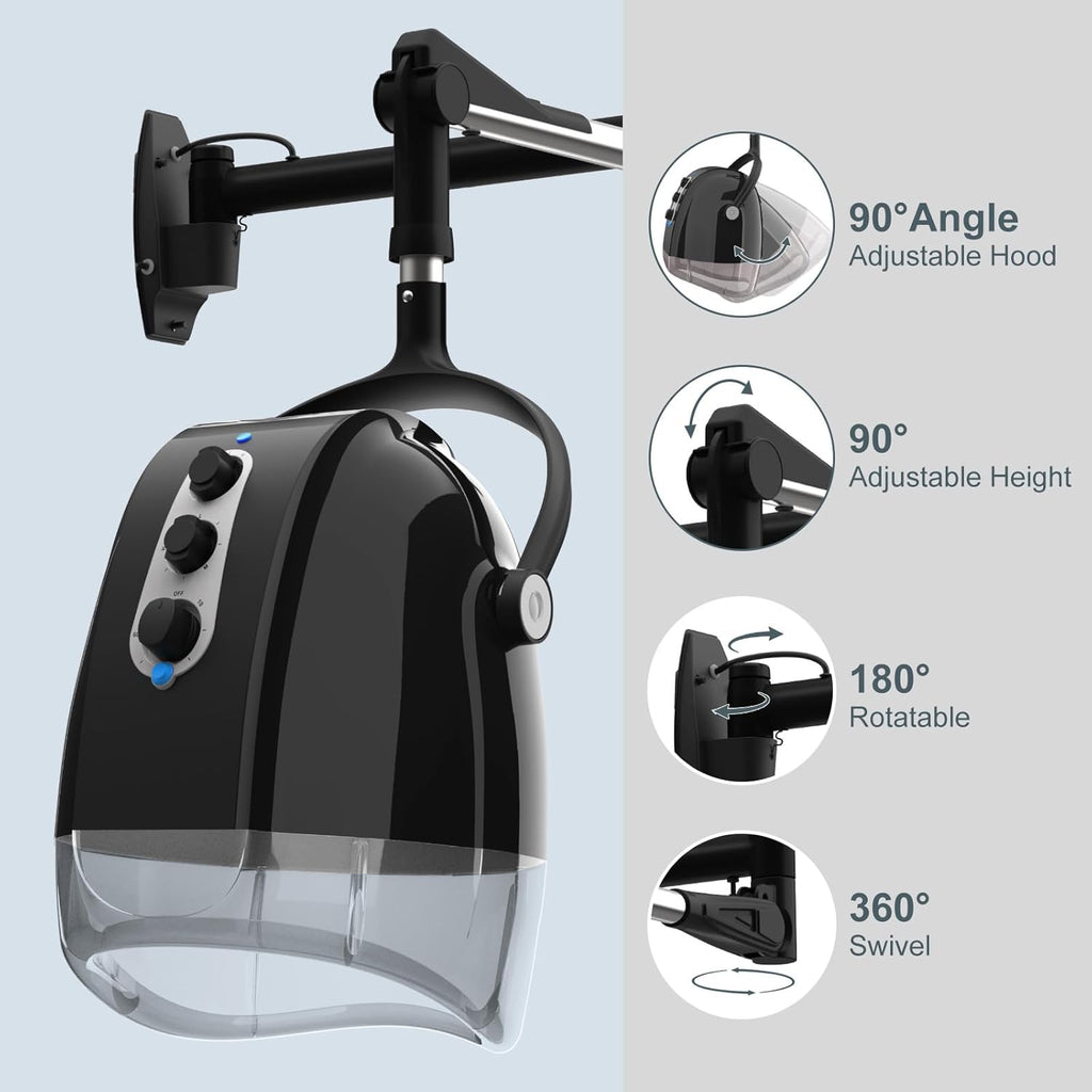 Wall Mount Hooded Salon Hair Dryer, Ionic, Temperature & Drying Adjustable, 60-Minute Timing Z586