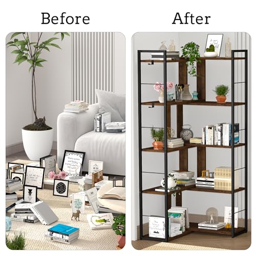 5 Tier Corner Bookshelf with 2 Hooks Adjustable Shelves Rustic Brown I4155
