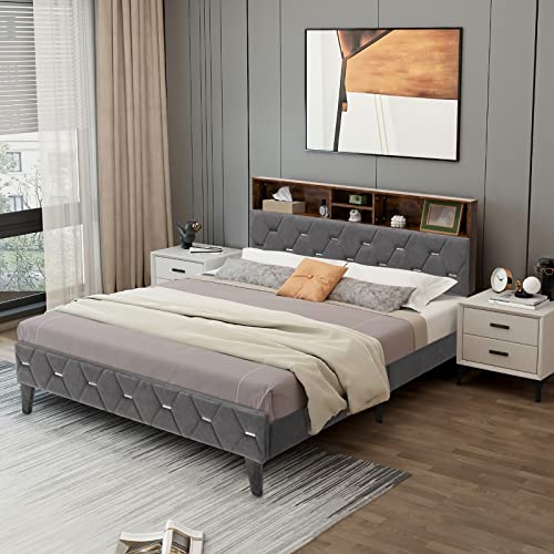 Queen Size Upholstered Platform Bed with Storage Shelves D8816