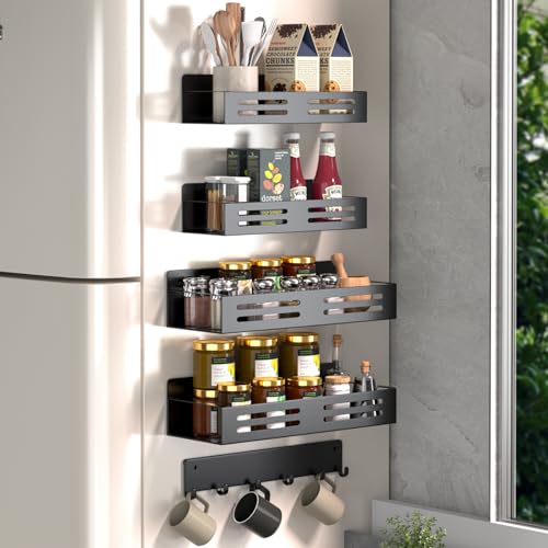 Magnetic Spice Racks with 6-Hooks Metal Fridge Side Shelf V100635
