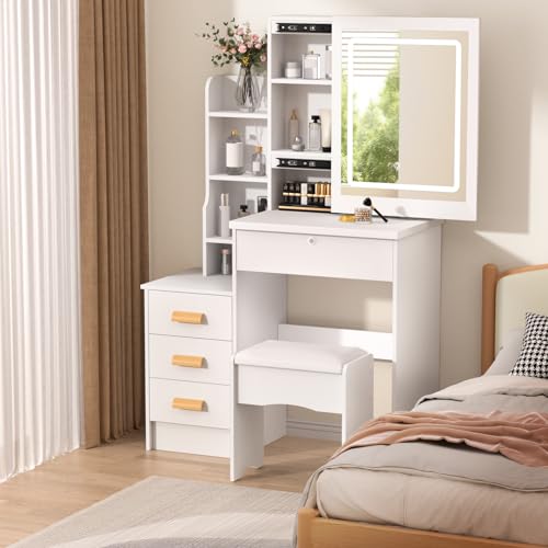 White Vanity Desk with Sliding Mirror and Lights, 4 Drawers X50792