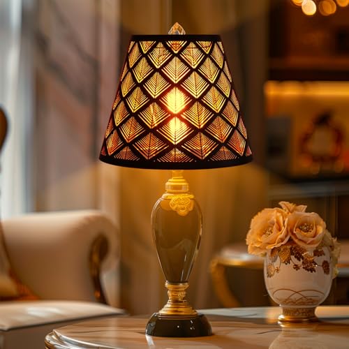 Metal Small Lamp Shade Etched Arrows 5" Top X 9" Bottom X 7" High Black Outside Gold Inside P557