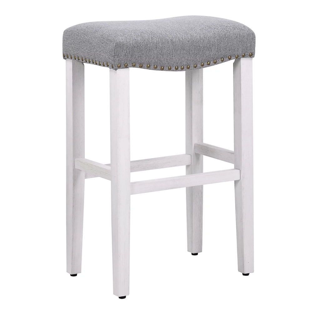 White Wooden Bar Stool Set of 2 with Gray Linen Cushion F5241