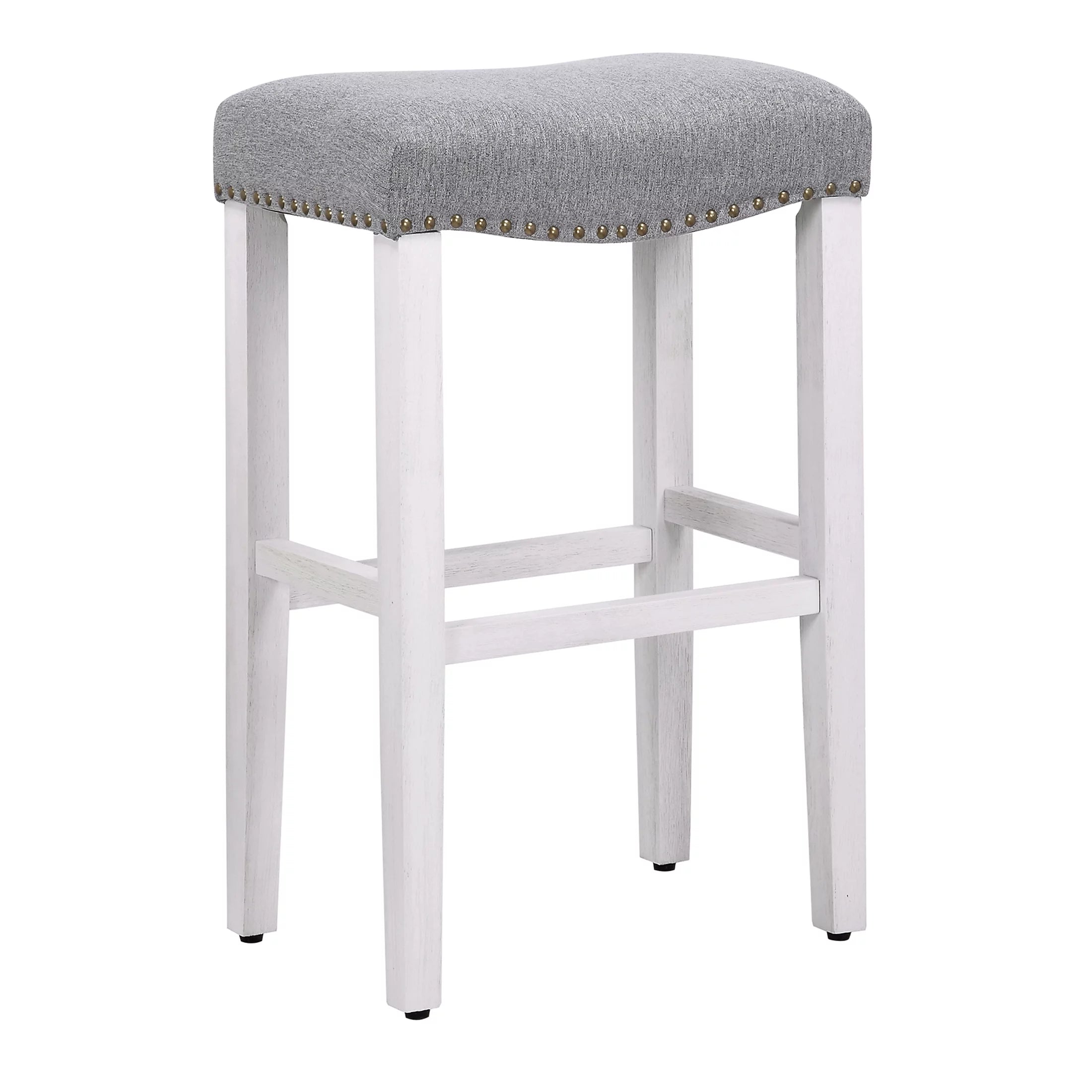 White Wooden Bar Stool Set of 2 with Gray Linen Cushion F5241