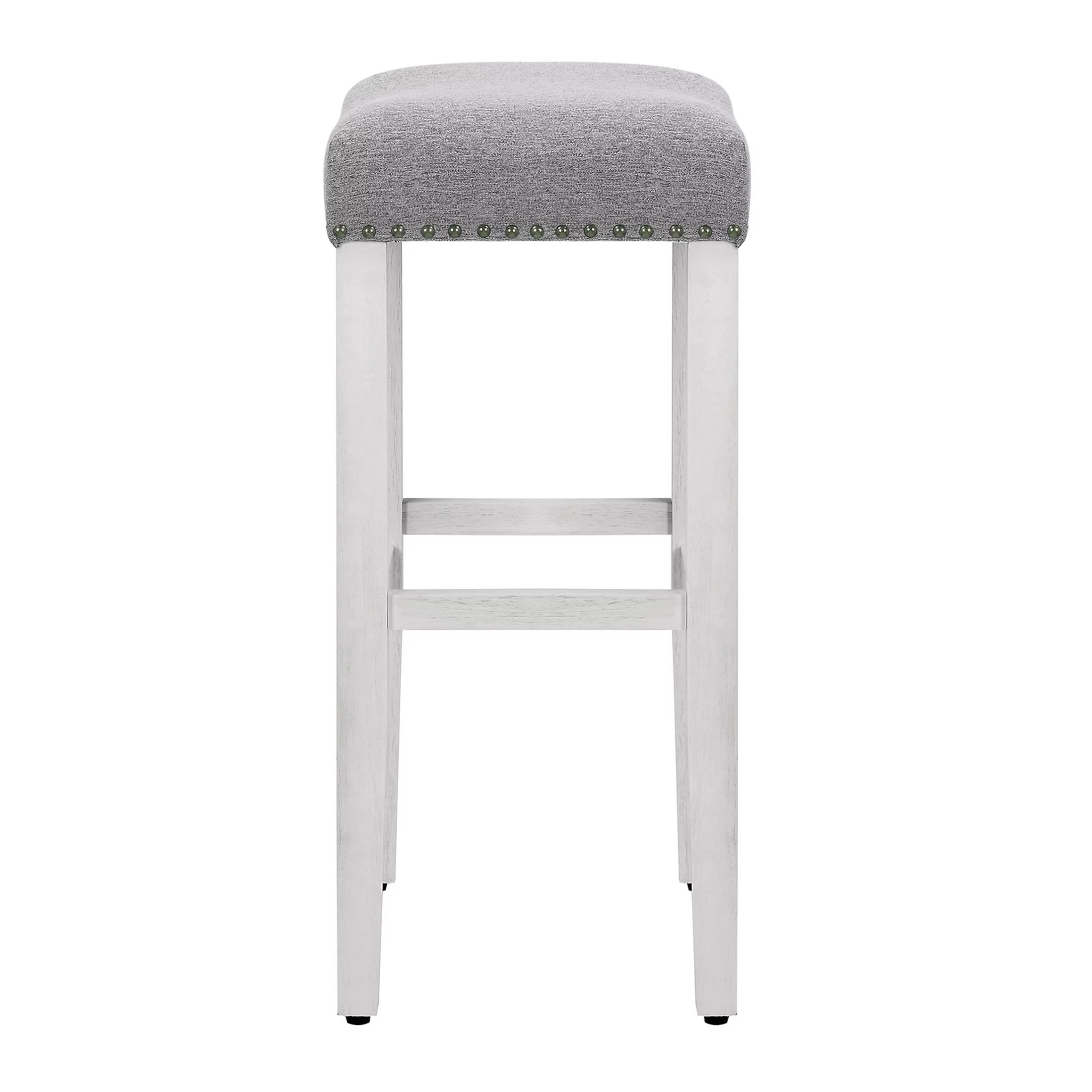 White Wooden Bar Stool Set of 2 with Gray Linen Cushion F5241