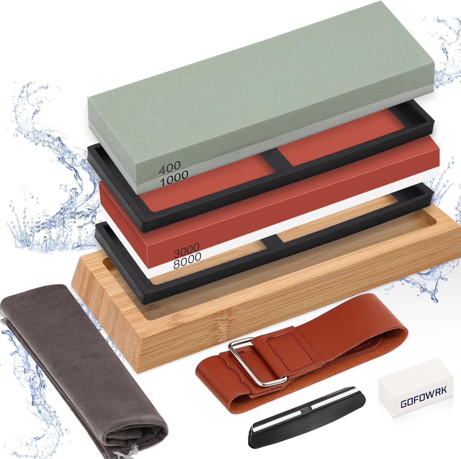 4 Side Grit 400/1000 3000/8000 Whetstone Sharpening Stone Set with Leather Strop N344