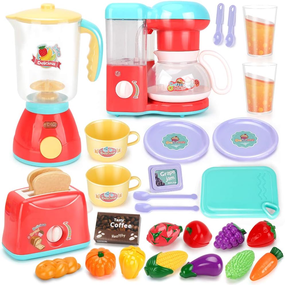 Kids Assorted Kitchen Appliance Toys, Pretend Kitchen Toy Set Includes Coffee Maker, Blender and Toaster, Cutting Play Food and Kitchen Utensils Accessories K589875